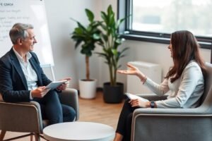 A life coach and client in a productive coaching session discussing goals and action plans